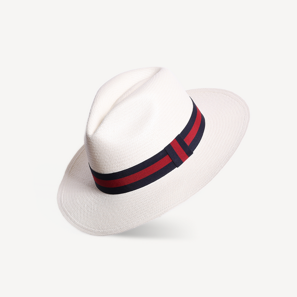 Panama Toquilla Straw - White with Striped Navy & Red Band